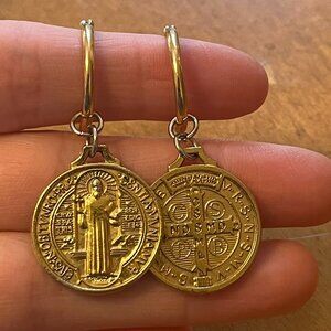 Ventrone Chronicles Gold Hoop Earrings with Religious Coin